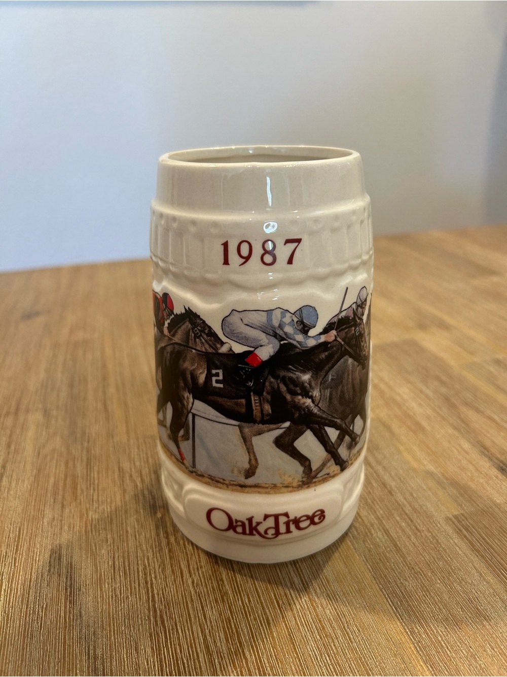 1987 Oak Tree Ceramic Horse Racing Stein - White
